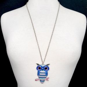 Large Blue Pink Painted Owl Pendant Long Necklace